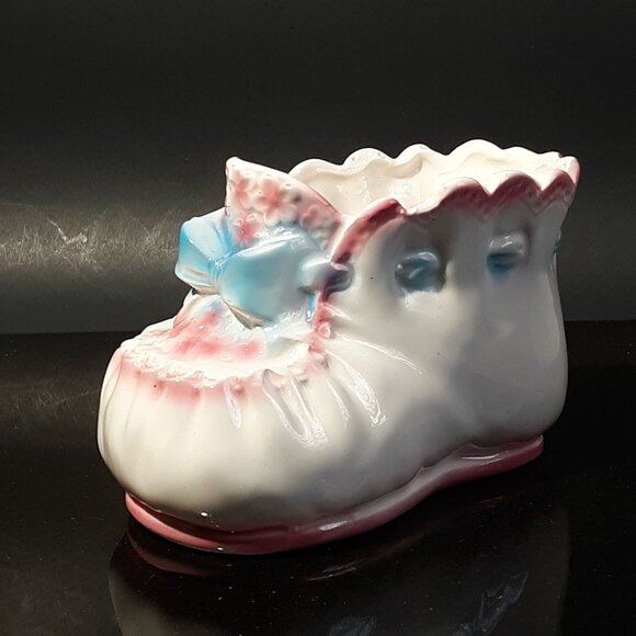 Vintage Lefton Blue Bow Baby Bootie Planter Shower Birth Christening - Picture 3 of 10